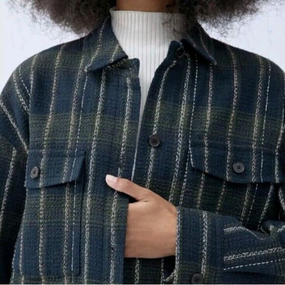 Aritzia BABATON Joan Oversized Shirt Jacket Navy Green Tweed Plaid Shacket Sz 1 - Picture 2 of 13